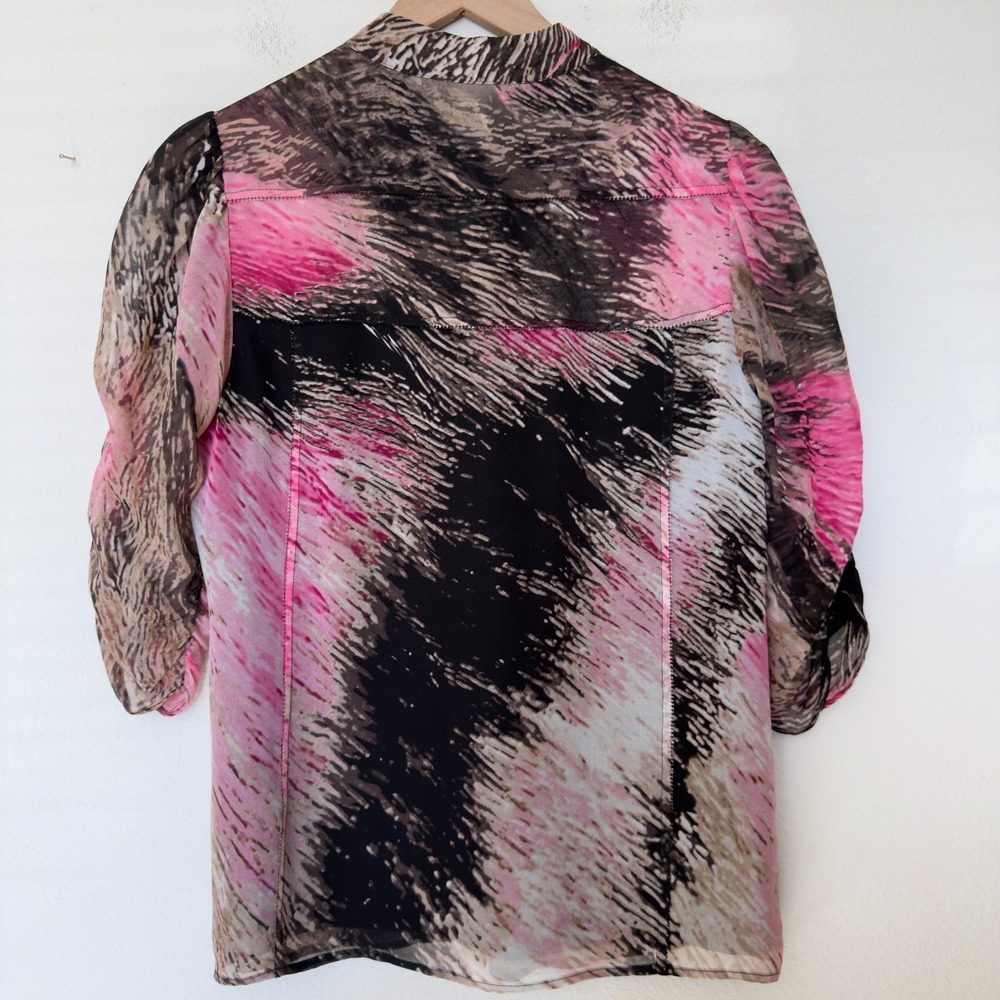 Diane Von Furstenburg Women‎ 100% Silk Top Pink Brown Button Front 3/4 Sleeve - Picture 8 of 9